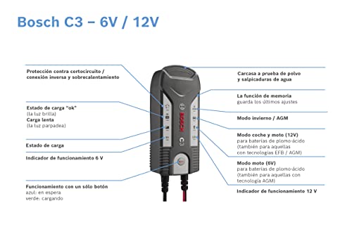 Bosch Automotive C3 cargador de baterías de plomo-ácido inteligente y automático 6V/12 V/3.8 A, GEL, Start/Stop EFB, Start/Stop AGM para motocicletas y vehículos ligeros