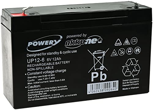 Powery Bateria de Gel para Moto Infantil Buggy para niños 6V 12Ah (Reemplaza también 10Ah)