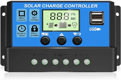 30A Controlador de Carga Solar 12V/24V Panel Solar Inteligente Regulador de Carga Solar con Pantalla LCD y Doble Puerto USB,Controlador de Carga Solar Carga de Regulación PWM