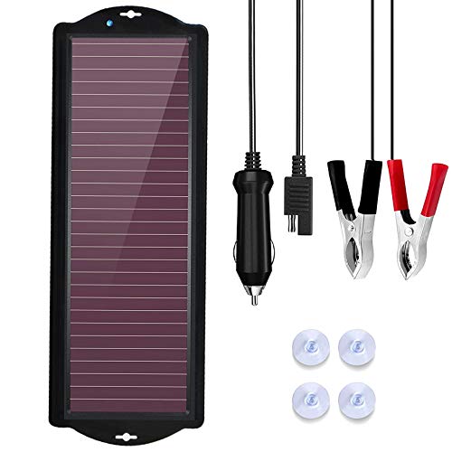 TRAMILY Cargador solar para batería de coche,panel solar amorfo portátil a prueba de agua de 12Vy 2,5W con clip de batería para encendedor de cigarrillos para automóvil,motocicleta,barco,remolque,etc.