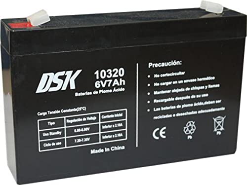 DSK 10320 - Batería de Plomo AGM Recargable Sellada de 6V y 7Ah. Ideal para Coche y motos eléctricos para niños, Patinetes, Sistemas SAI/UPS, Sistemas de seguridad y comunicación, Luces de emergencia…