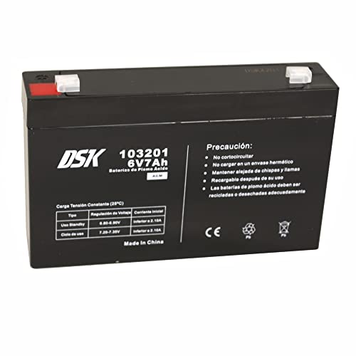 DSK - Batería de Plomo AGM Recargable Sellada de 6V y 7Ah. Ideal para Coche y Motos eléctricos para niños, Patinetes, Sistemas SAI/UPS, Sistemas de Seguridad y comunicación, Luces de Emergencia