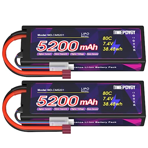 EMEPOVGY Batería Lipo de 7.4 V 2S 80C 5200 mAh Lipos Funda rígida con Conector Deans T para vehículos RC 1/8 1/10 RC (2 Paquetes)