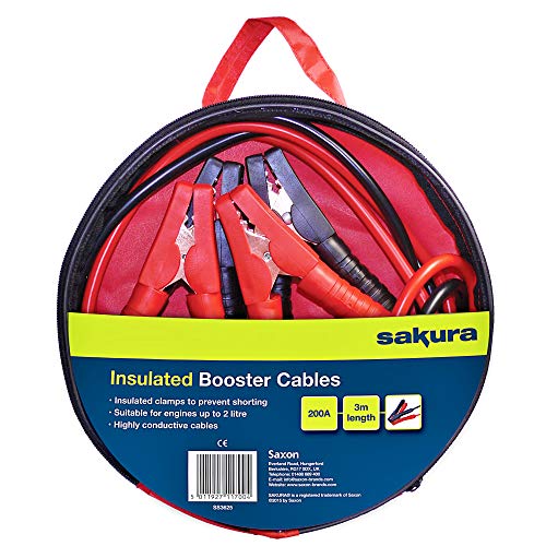 Sakura SS3625 - Cables de Arranque para Batería de Coche, 200 A, 3 m, con Códigos de Color, para Vehículos de Hasta 2 L/2000 CC